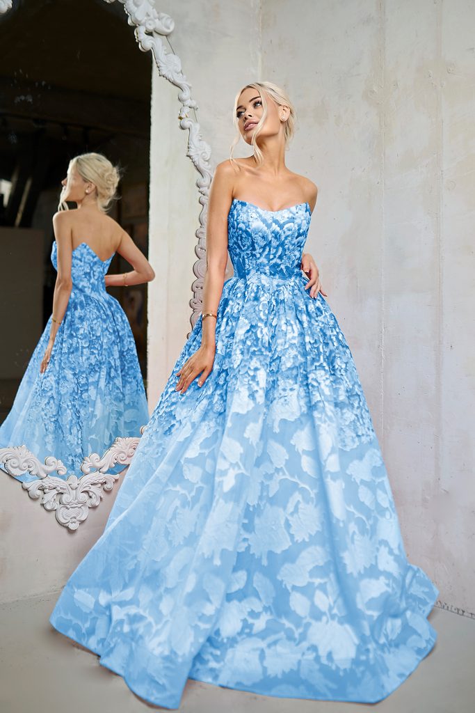 Floral Blue Strapless Floor Length Organza Prom Ball Gown with Floral Jacquard Tina Holly TW624
