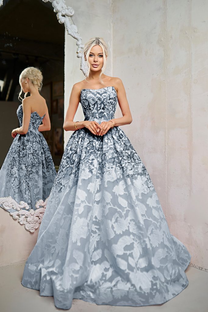 Floral Charcoal Strapless Floor Length Organza Prom Ball Gown with Floral Jacquard Tina Holly TW624