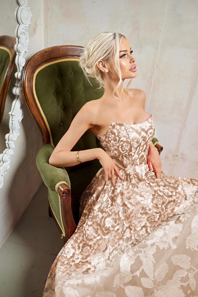 Floral Champagne Strapless Floor Length Organza Prom Ball Gown with Floral Jacquard Tina Holly TW624
