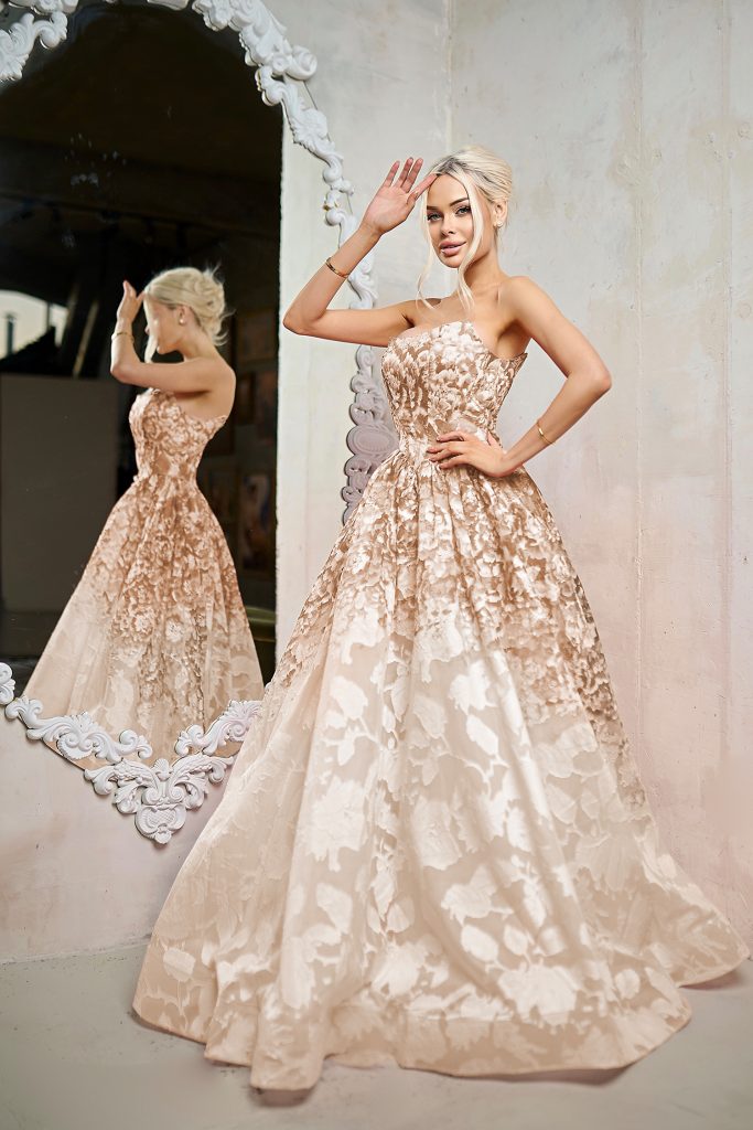 Floral Champagne Strapless Floor Length Organza Prom Ball Gown with Floral Jacquard Tina Holly TW624