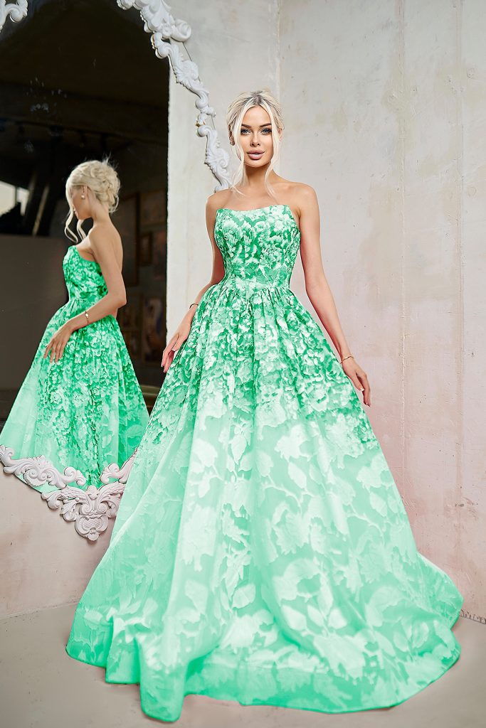 Floral Green Strapless Floor Length Organza Prom Ball Gown with Floral Jacquard Tina Holly TW624