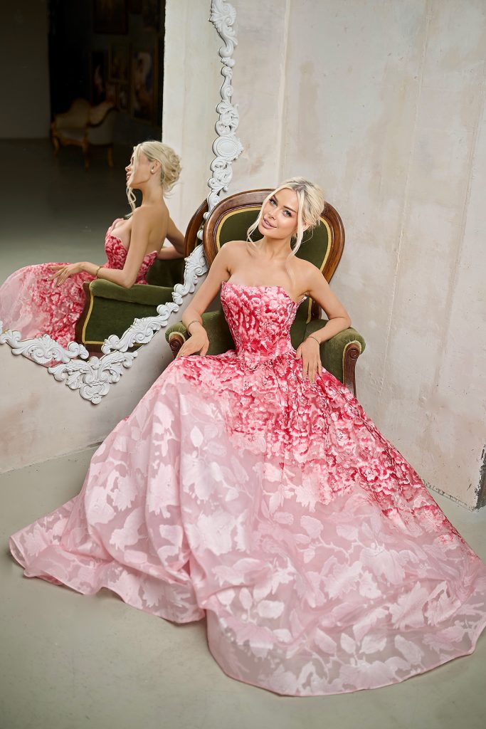 Floral Pink Strapless Floor Length Organza Prom Ball Gown with Floral Jacquard Tina Holly TW624