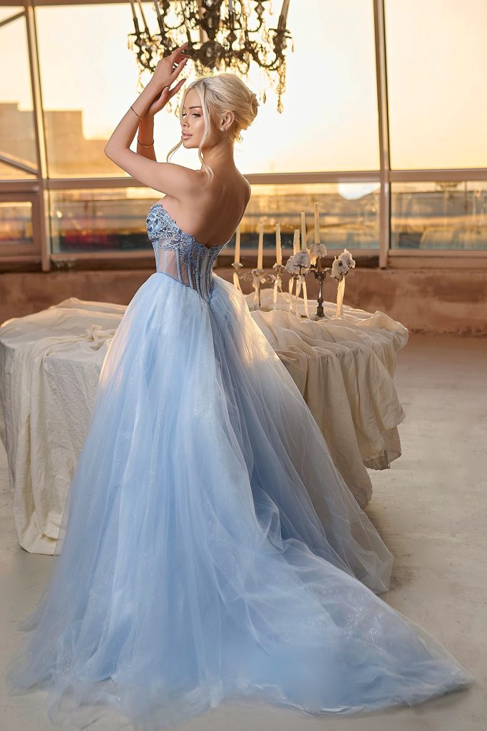 Light Blue Strapless Floor-Length Tulle Prom Gown with Corset Back Formal Dress Tina Holly TE708