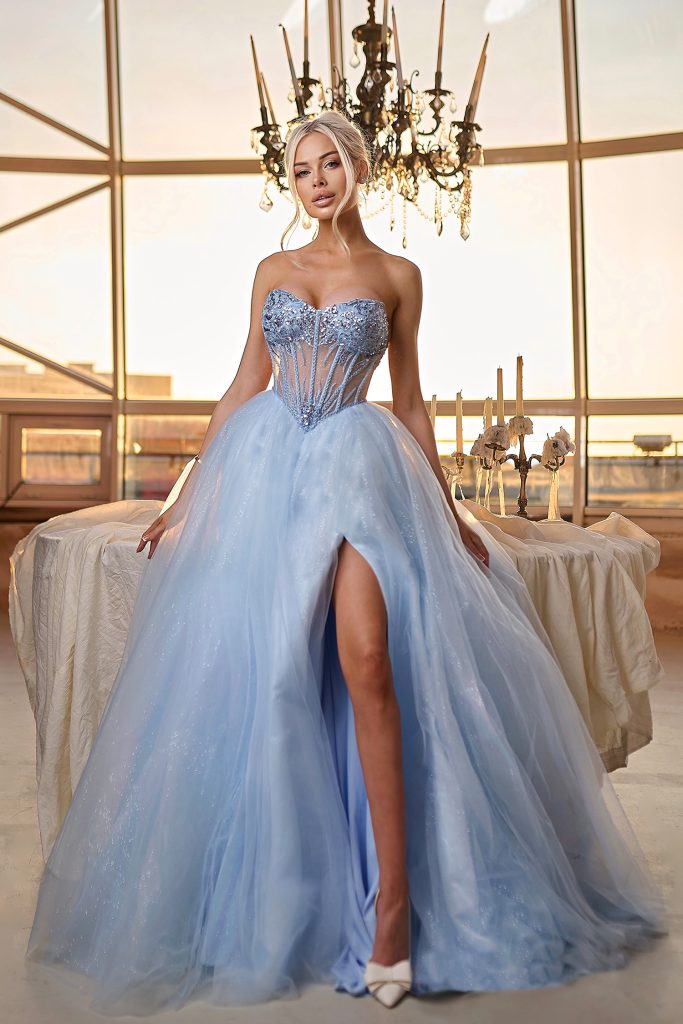 Light Blue Strapless Floor-Length Tulle Prom Gown with Corset Back Formal Dress Tina Holly TE708