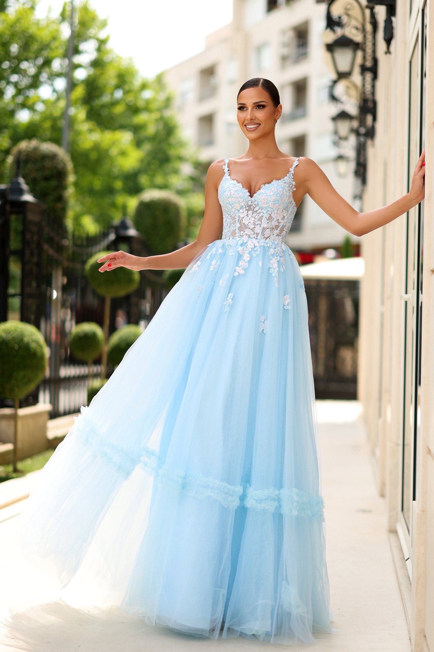 Tina Holly TY405 Long Ball Gown A Line Lace Applique Prom Dress - Ice Blue / 6 Tina Holly TY405 Long Ball Gown A Line Lace Applique Prom Dress - Ice Blue / 6
