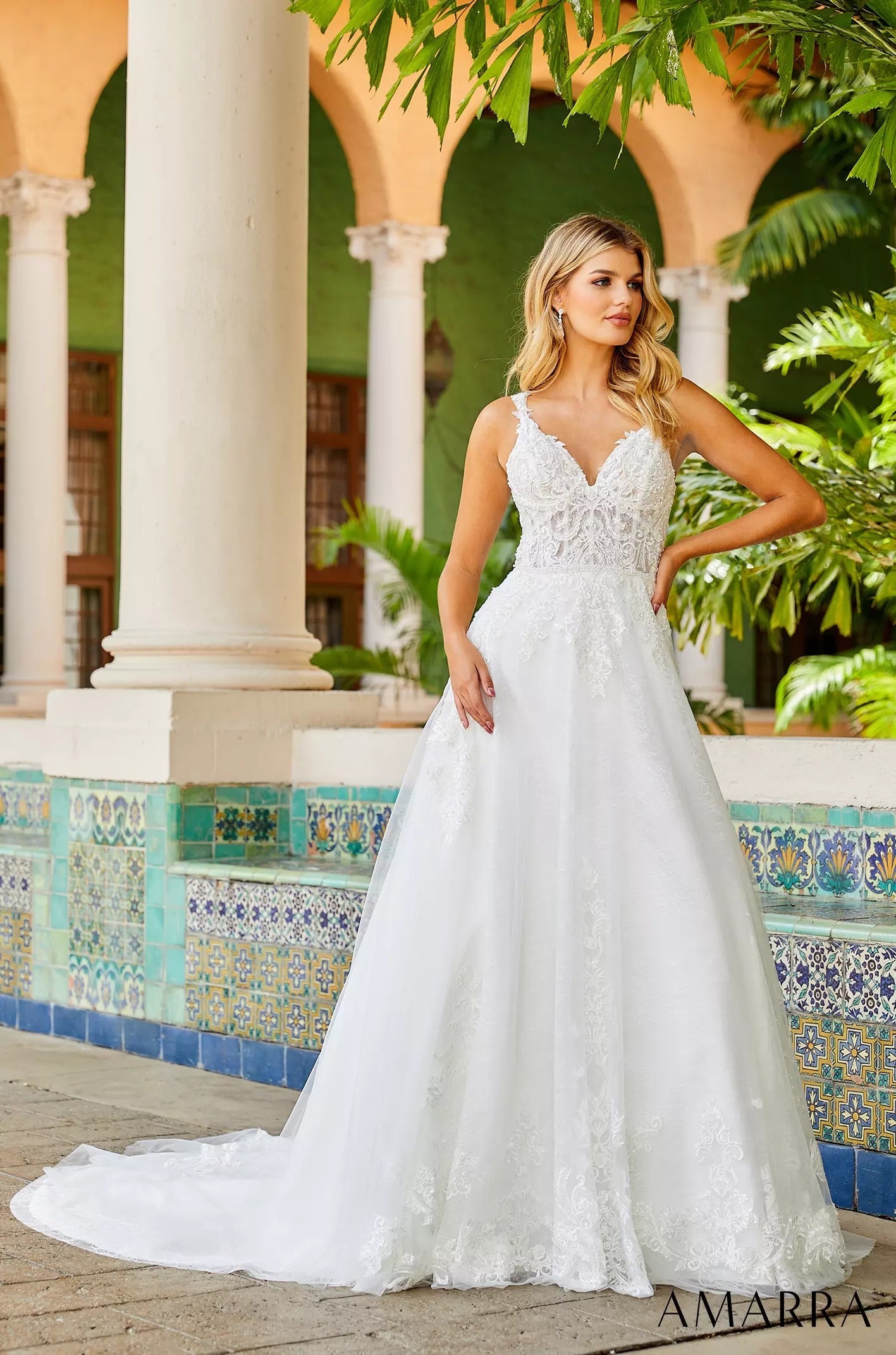 Wedding Dresses Lace Applique Long A Line Bridal Wedding Dress Amarra 7035 Ivory/Ivory