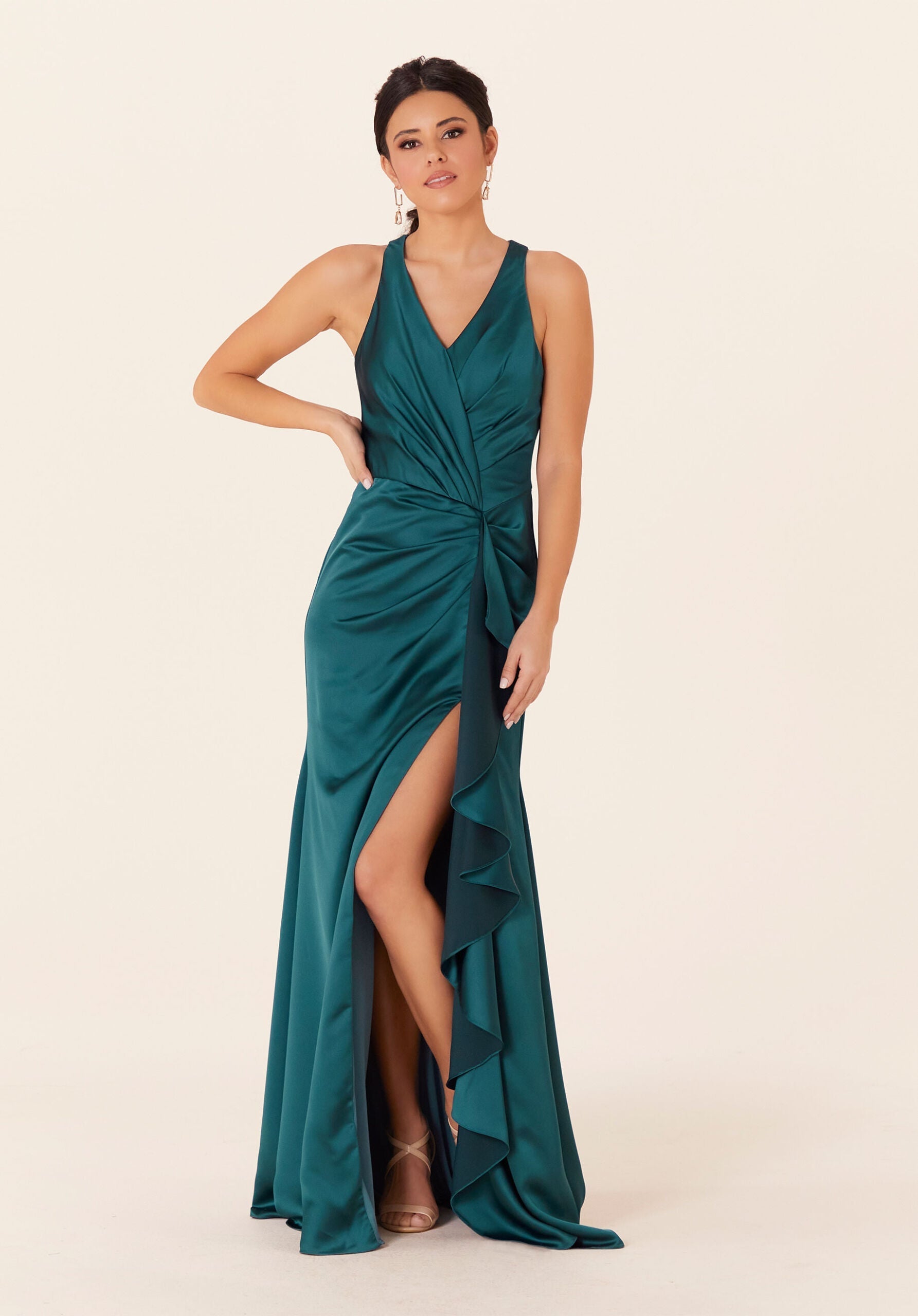 Formal Dresses Long Formal Ruffle Slit Dress Teal-Satin-21831-Ruffle