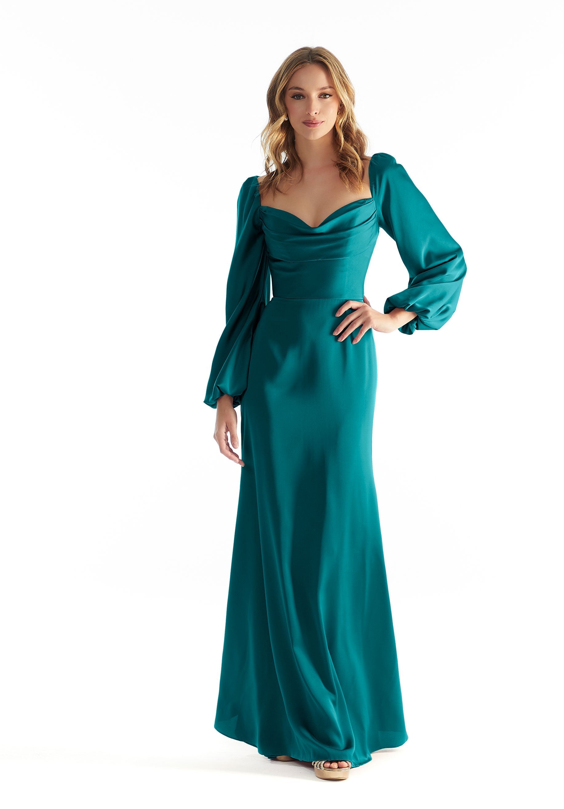 Formal Dresses Lace Long Sleeve Formal Dress Teal-Satin-31221-Cowl