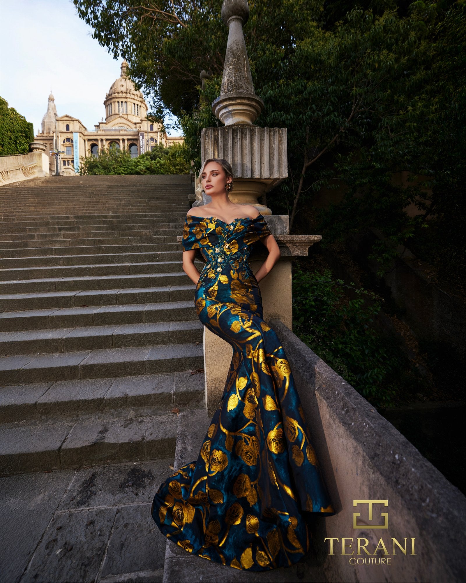 Prom Dresses Mermaid Evening Long Formal Prom Dress Teal Gold-Jacquard-261E6273-Fitted
