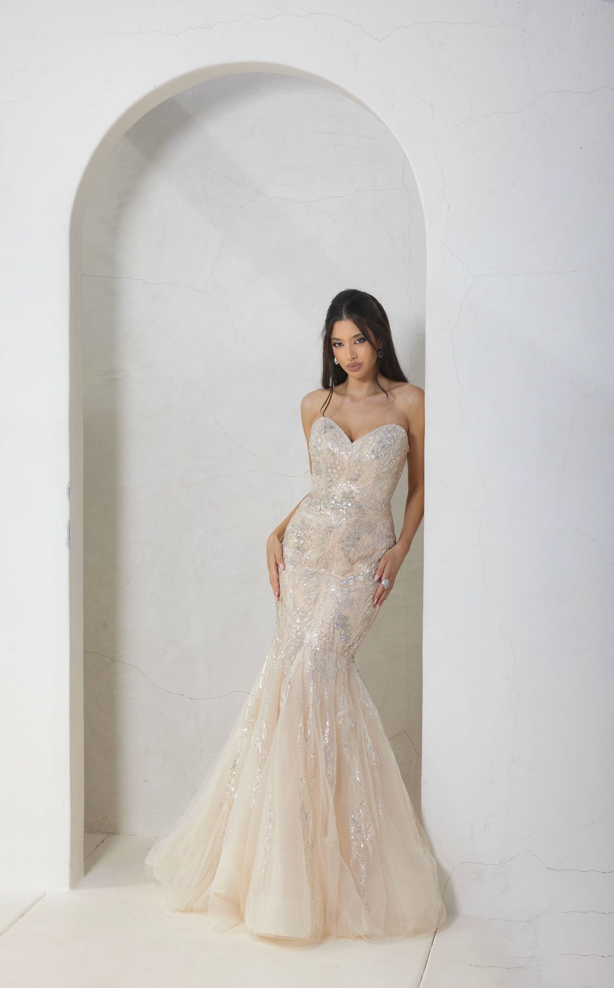 Prom Dresses Fitted Formal Beaded Long Prom Dress Champagne