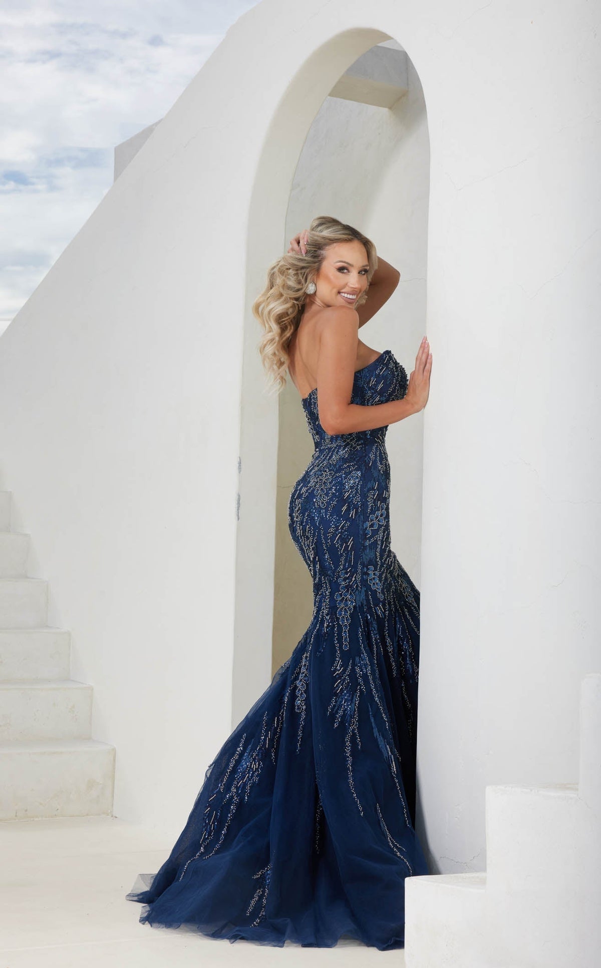 Prom Dresses Fitted Formal Beaded Long Prom Dress Navy