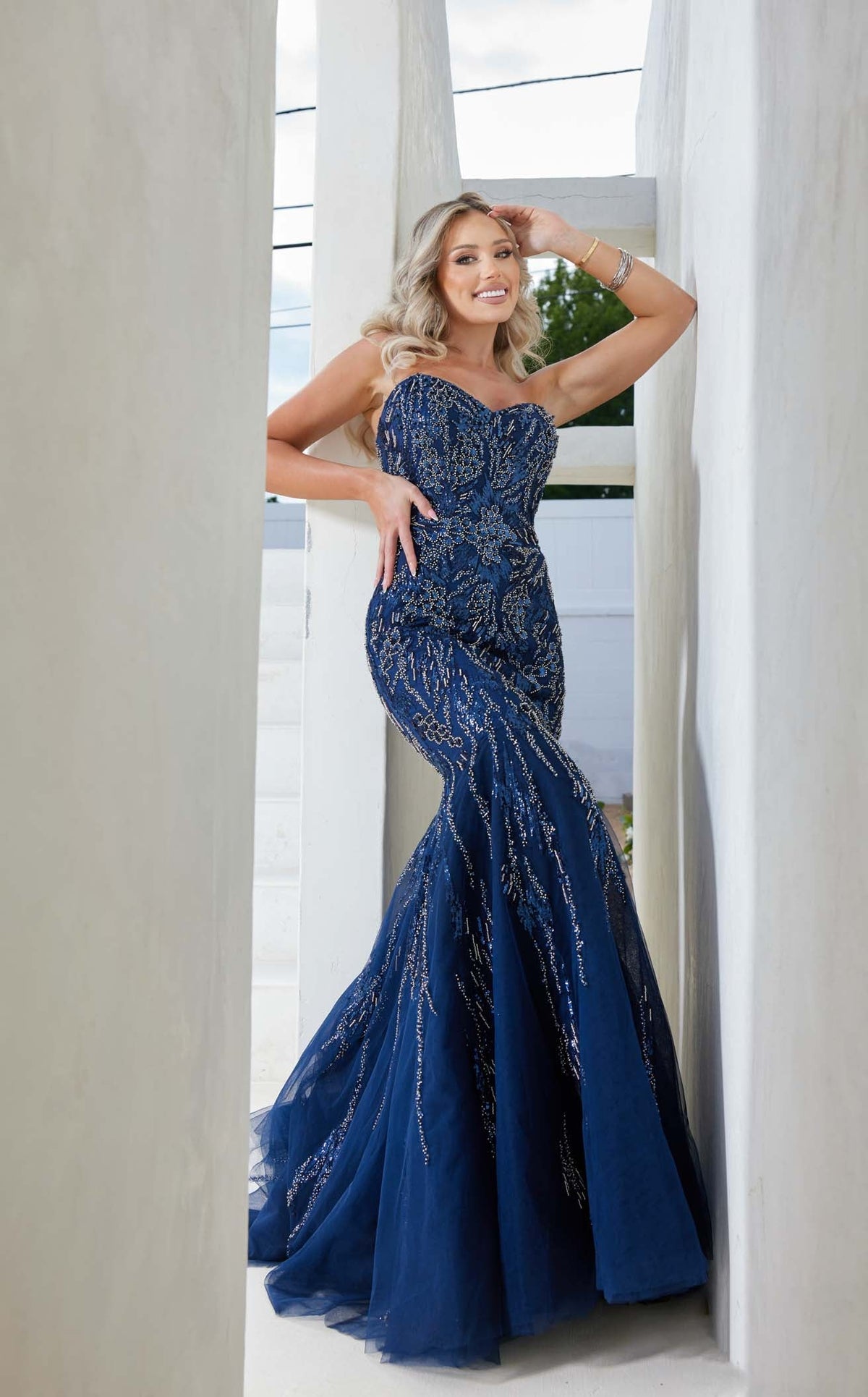 Prom Dresses Fitted Formal Beaded Long Prom Dress Navy