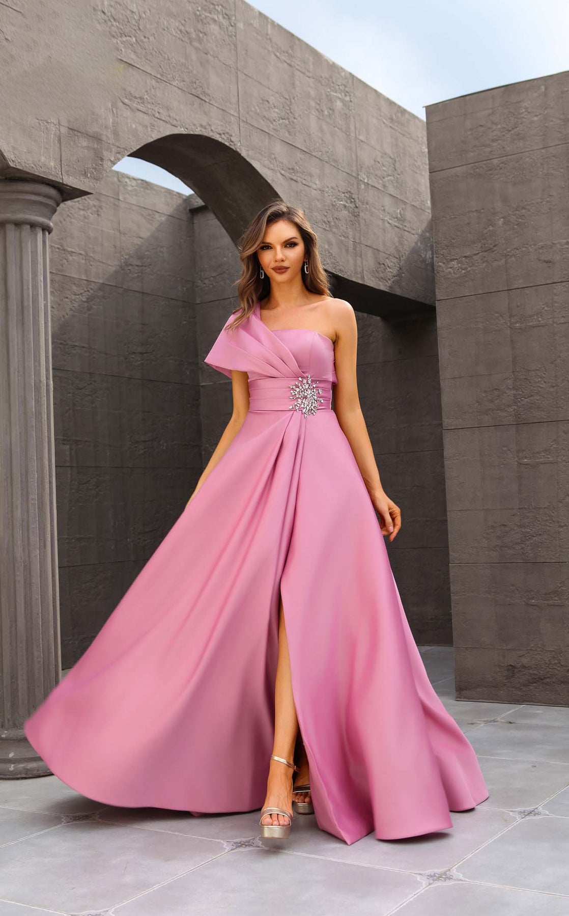 Formal Dresses Pleated Long Formal Beaded Evening Dress Rose