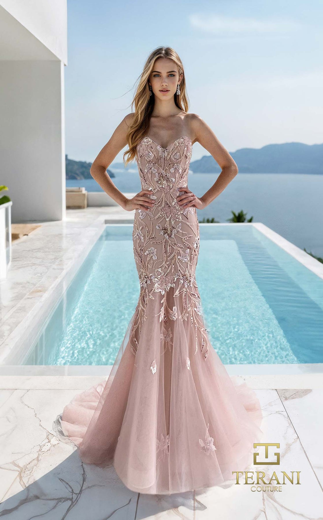 Prom Dresses Mermaid Long Formal Beaded Floral Applique Prom Dress BLUSH