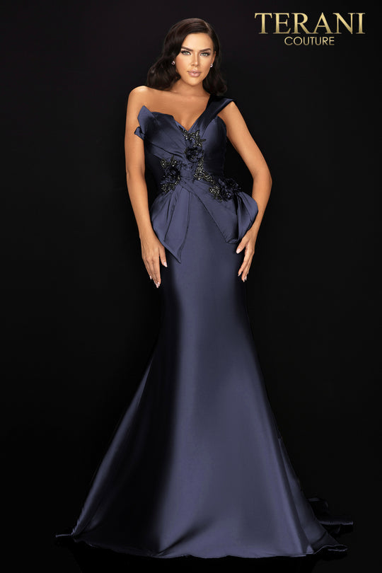 Terani Couture One Shoulder Long Formal Gown 2011M2160 - The Dress Outlet Navy