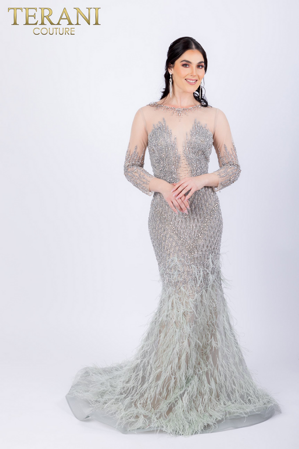 Terani Couture 232GL1437 Long Sleeve Mermaid Beaded Formal Dress