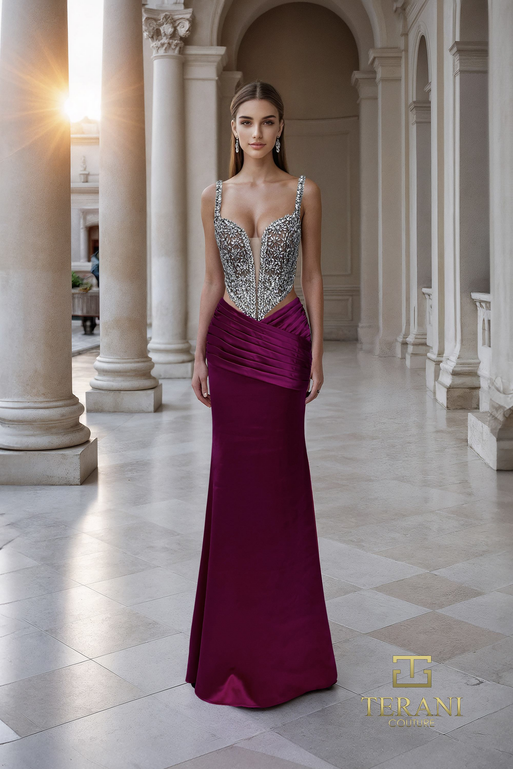 Prom Dresses Beaded Prom Long Pleated Formal Dress  WINE