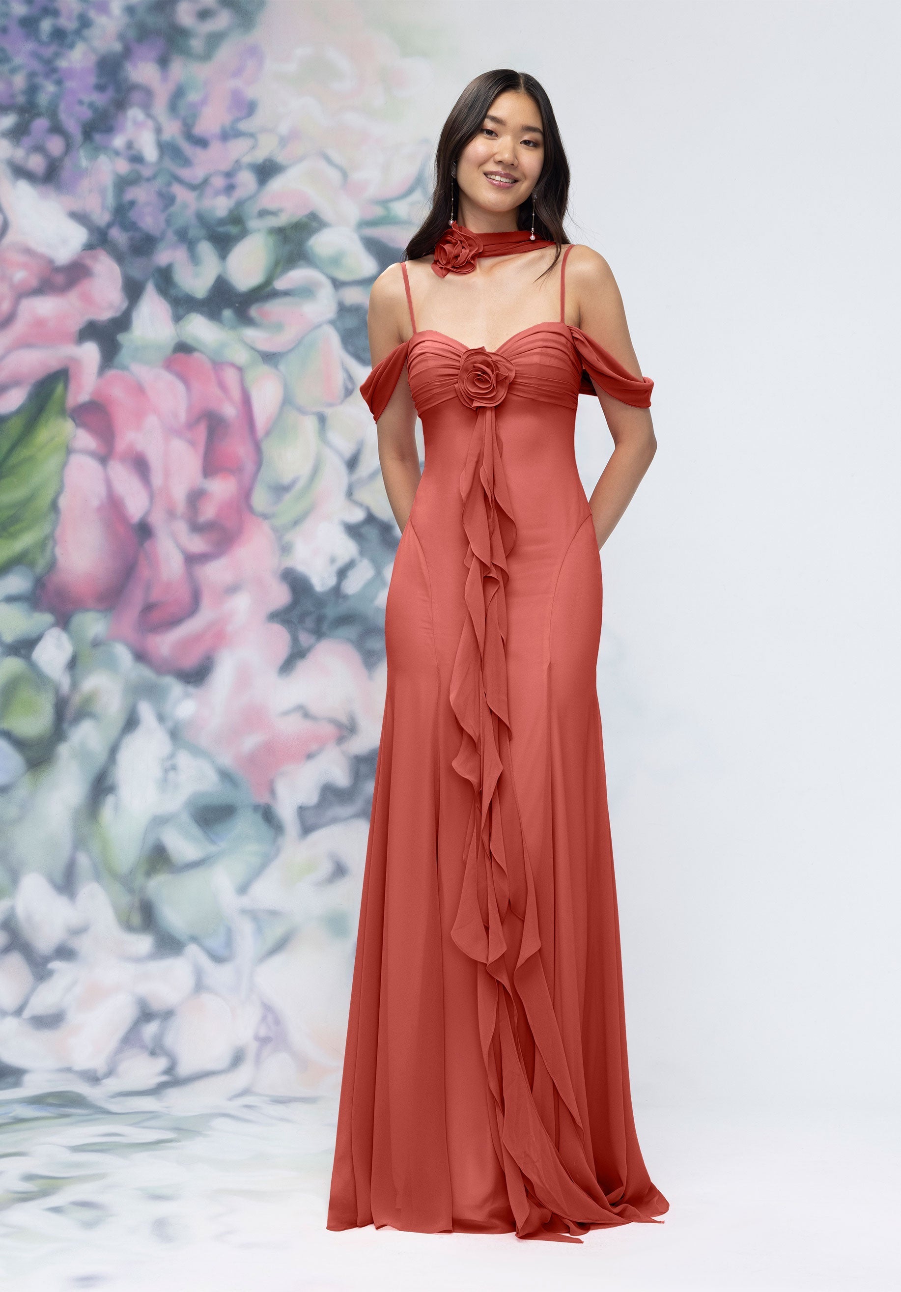 Formal Dresses Formal Long Ruffle Floral Dress Terra Cotta-Chiffon-3030000-Ruffle