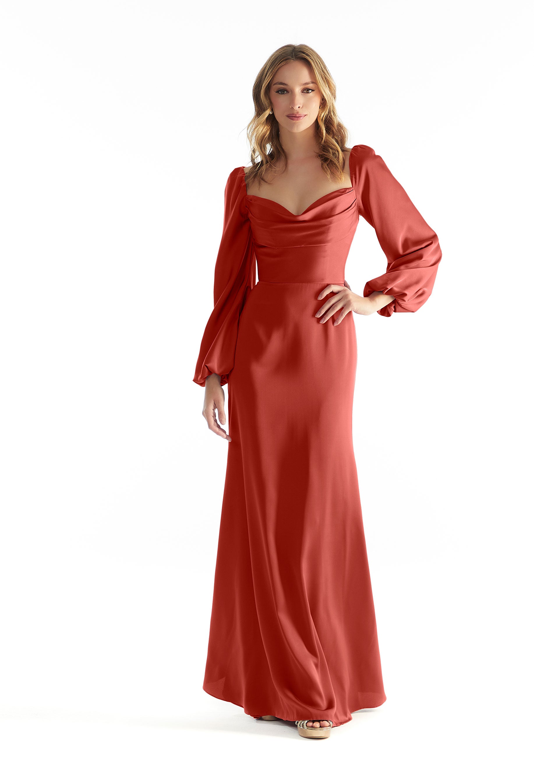 Formal Dresses A Line Long Sleeve Formal Dress Terra Cotta-Satin-31221-Cowl