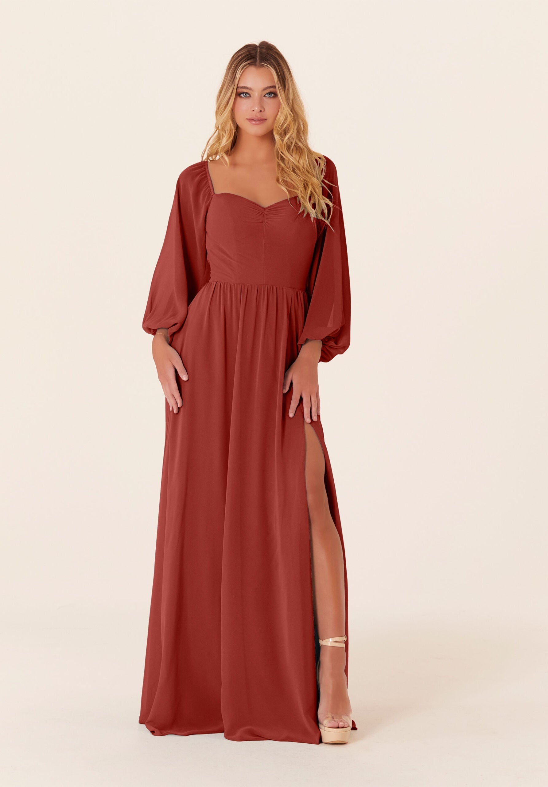 Mother of the Bride Dresses Formal Long Sleeve Mother of the Bride Dress Terracotta-Chiffon-21830-Pleated