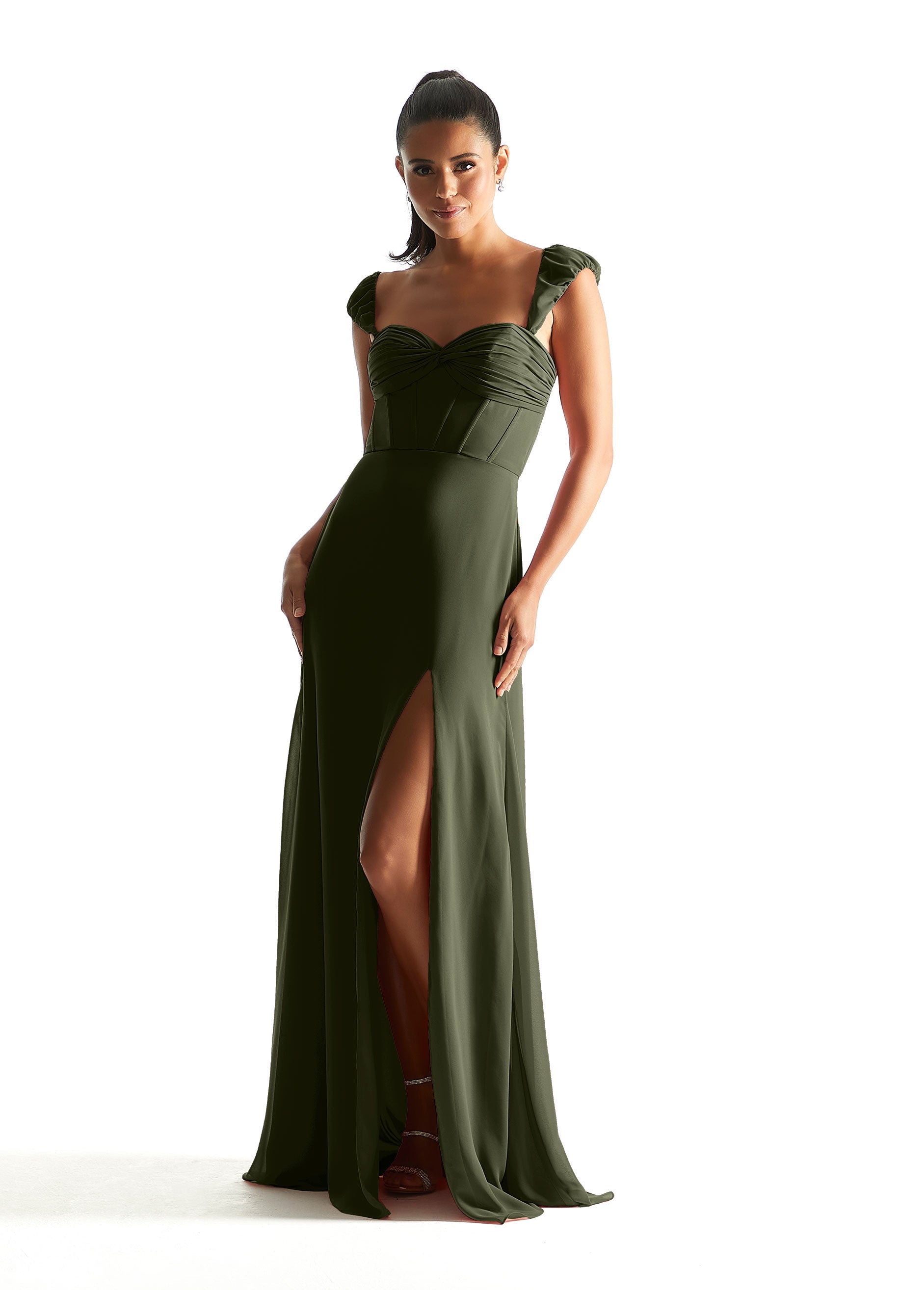 Formal Dresses Long Formal Corset Slit Dress Thyme-Chiffon-21855-Corset