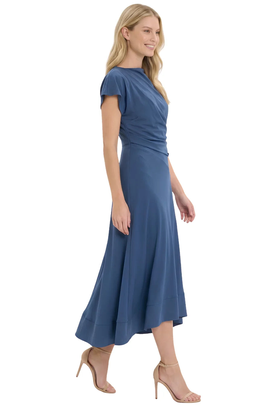 Maggy London G7100M blue satin midi dress with flutter sleeves and draped bodice, side view