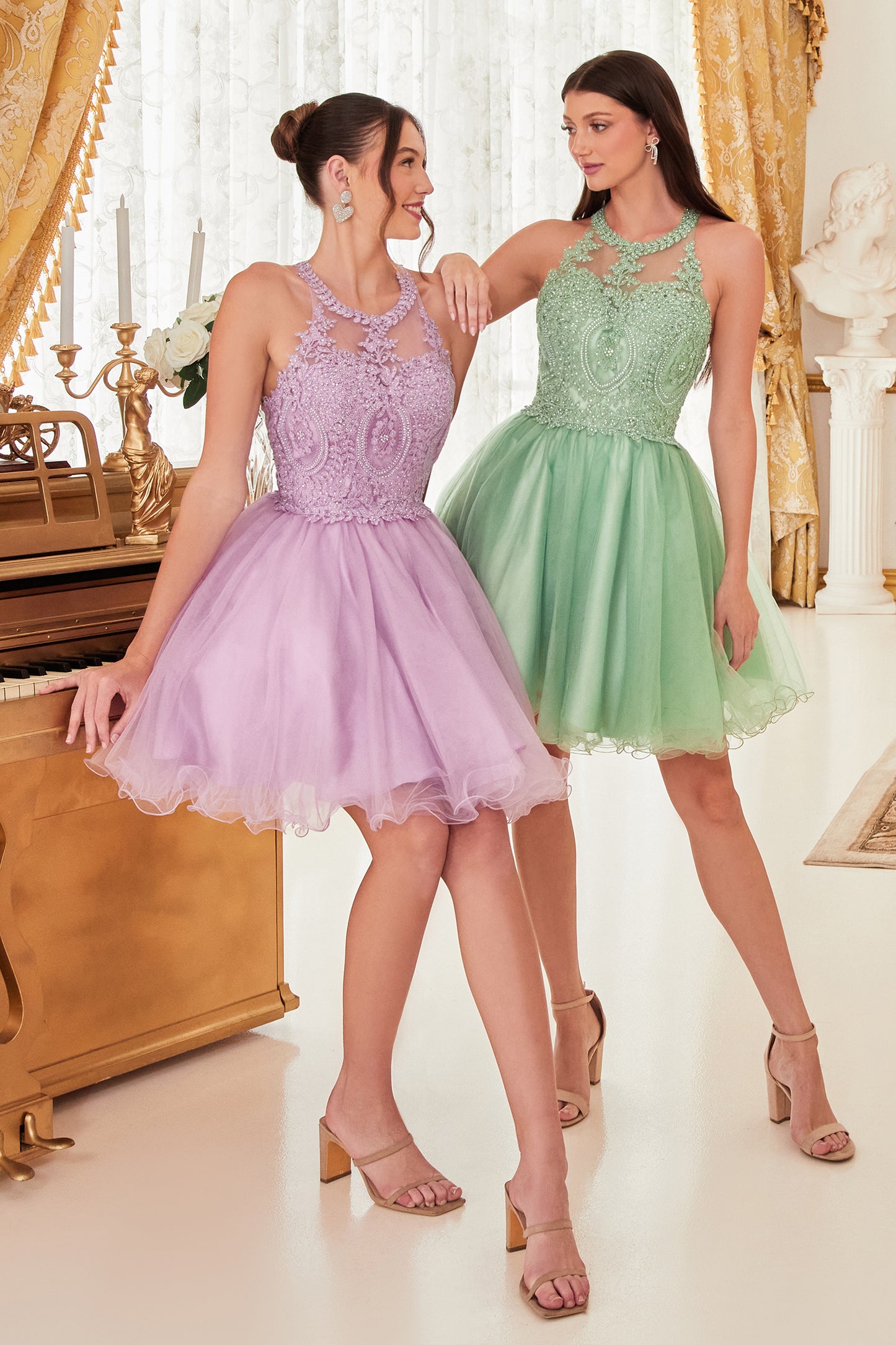 Cinderella Divine UJ0119 Short Prom Halter Lace Bodice Dress