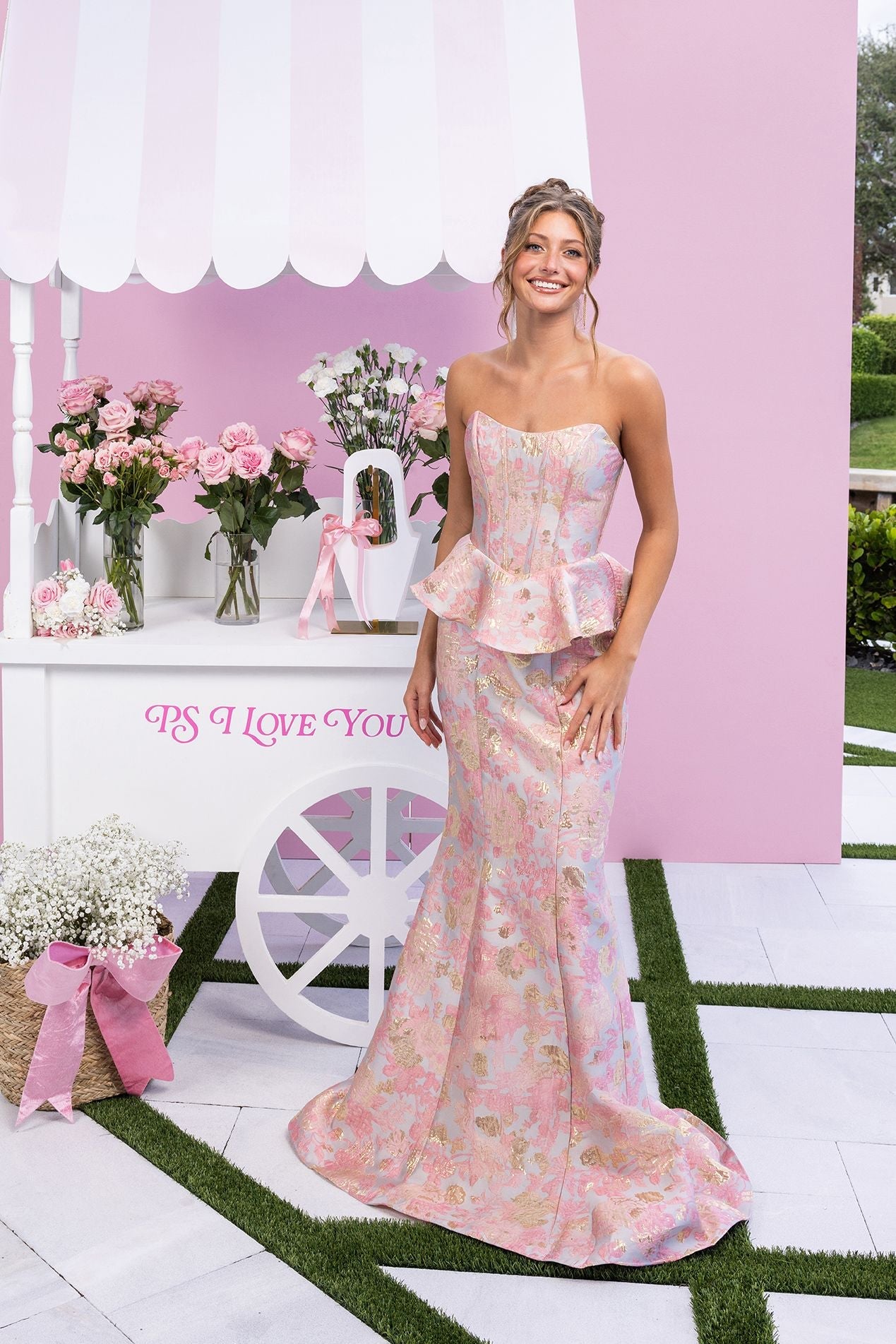 Sweetheart Floor-Length Brocade Prom Dress Peplum Bodice Corset Back Portia & Scarlett XO184