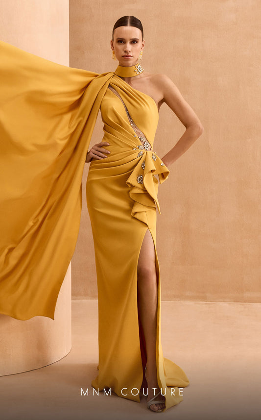 Formal Dresses Fitted Long Formal Slit Pleated Evening Dress Mustard