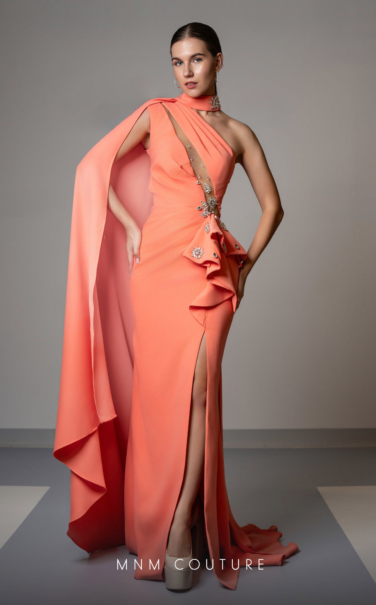 MNM Couture V02033 Fitted Long Formal Slit Pleated Evening Dress