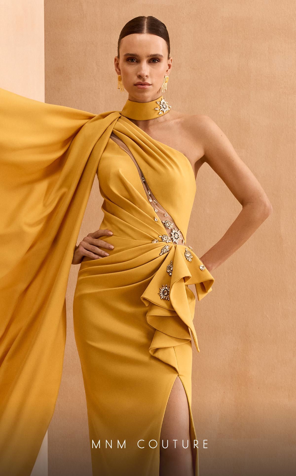 MNM Couture V02033 Fitted Long Formal Slit Pleated Evening Dress