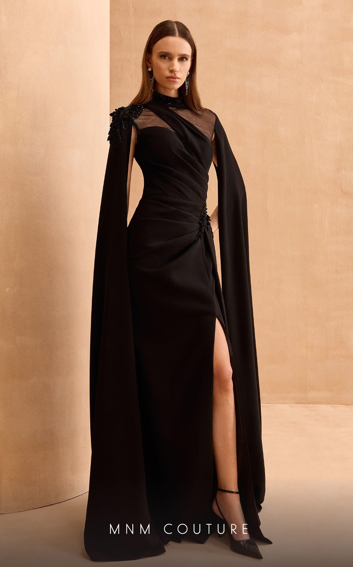 MNM Couture V02037 Pleated Long Formal Cape Sleeve Evening Dress