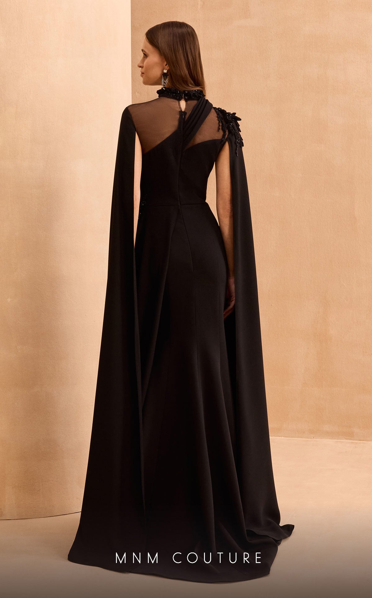MNM Couture V02037 Pleated Long Formal Cape Sleeve Evening Dress