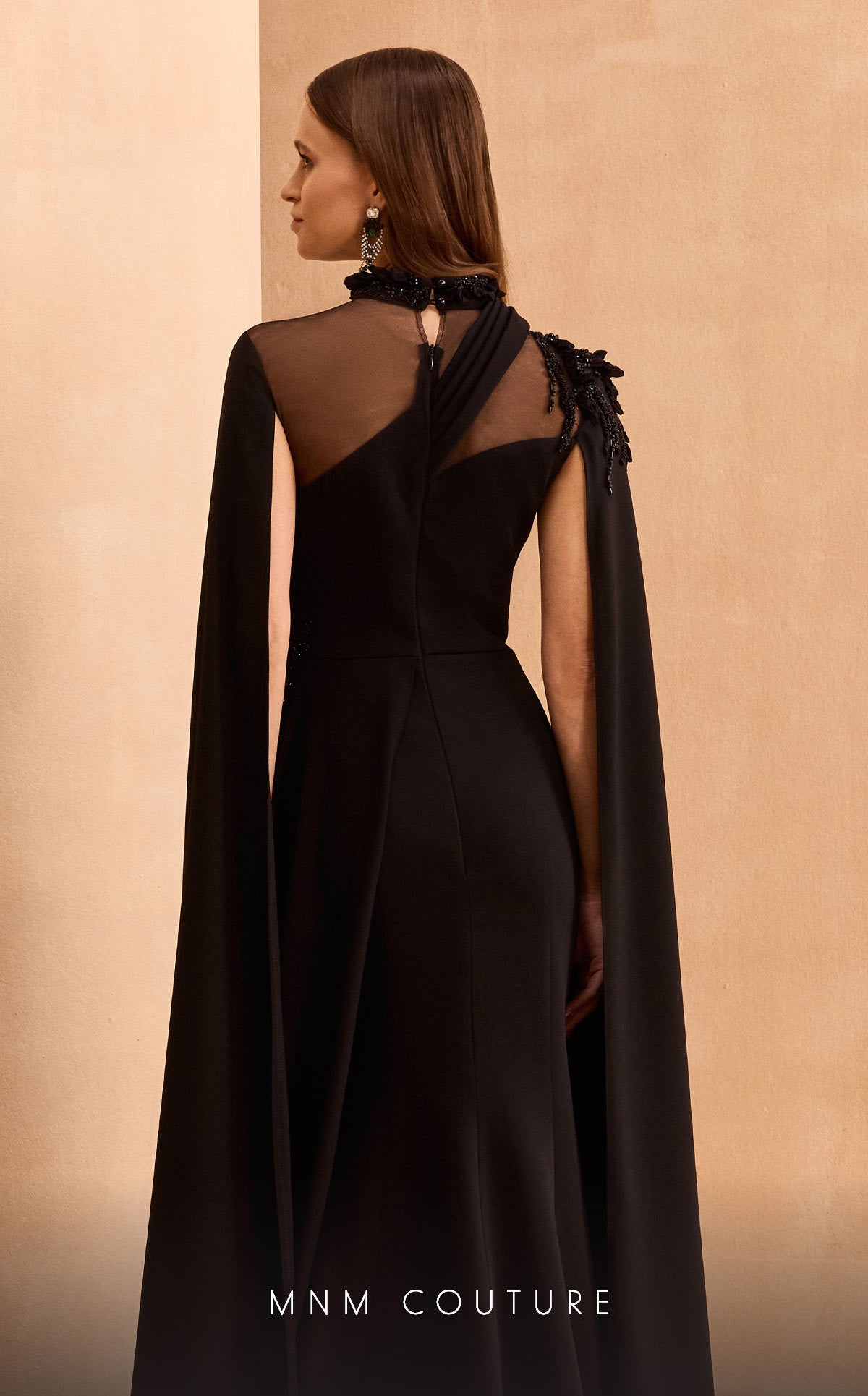 MNM Couture V02037 Pleated Long Formal Cape Sleeve Evening Dress
