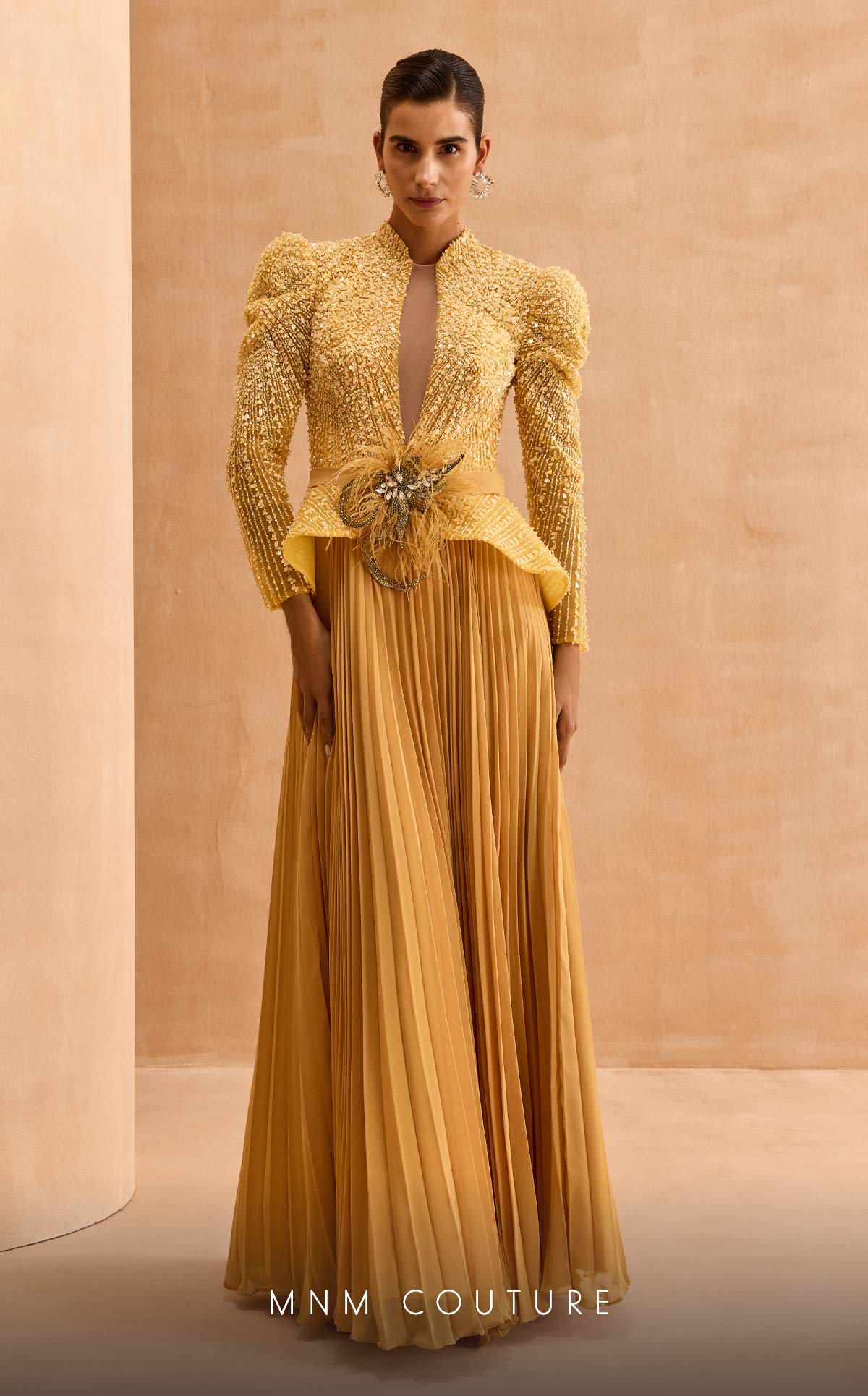 MNM Couture V06941 Pleated Long Sleeve Formal Beaded Peplum Evening Dress