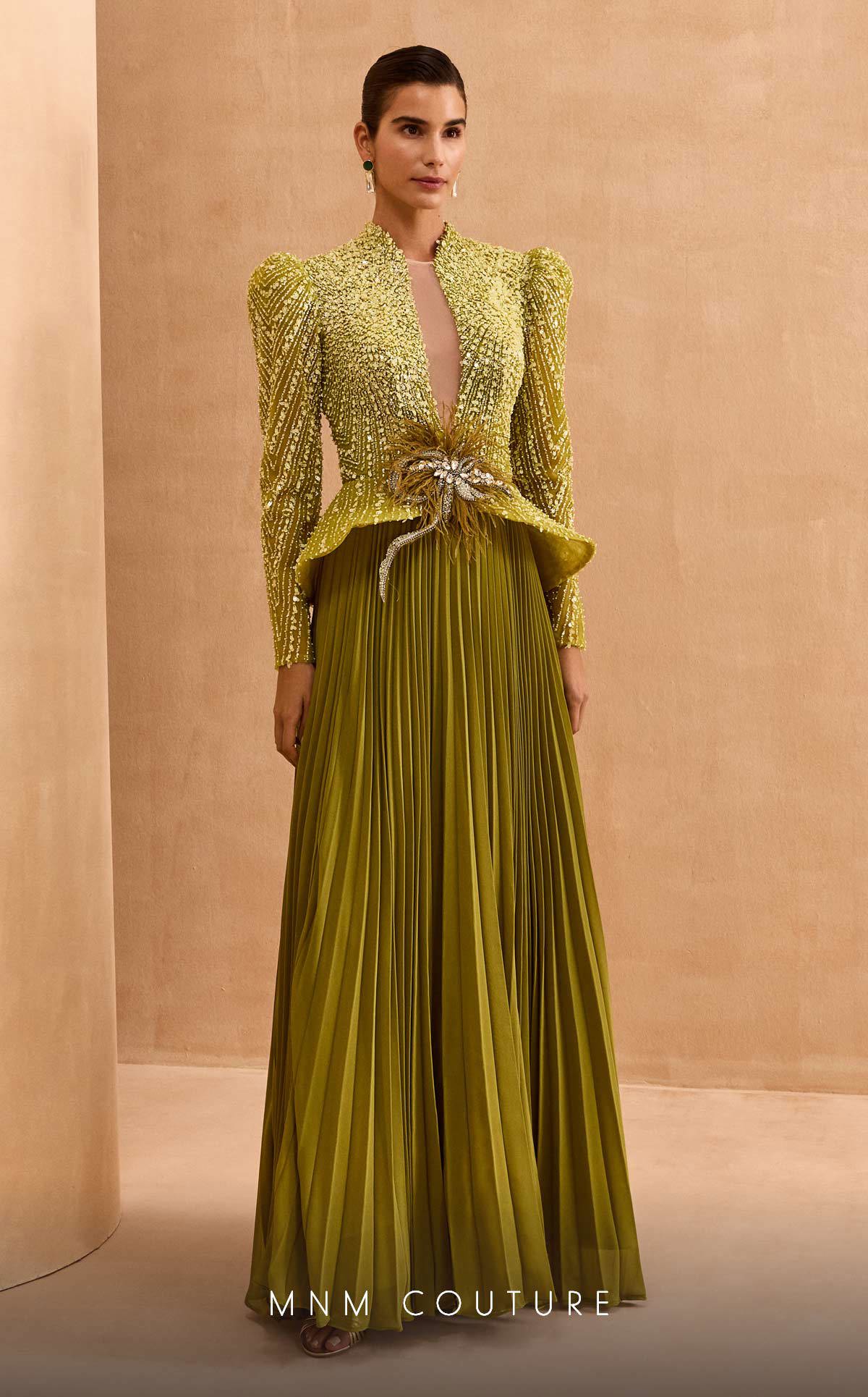 long sleeve yellow formal dress MNM Couture V06941 Pleated Long Sleeve Formal Beaded Peplum Evening Dress