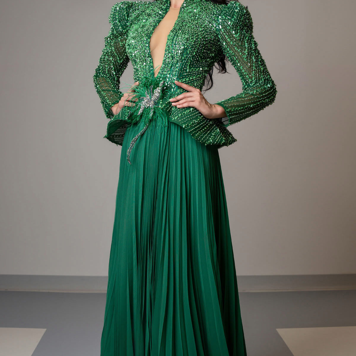 green peplum dress MNM Couture V06941 Pleated Long Sleeve Formal Beaded Evening Open back long sleeve SID-D25519 Formal Dresses Size:46/ L