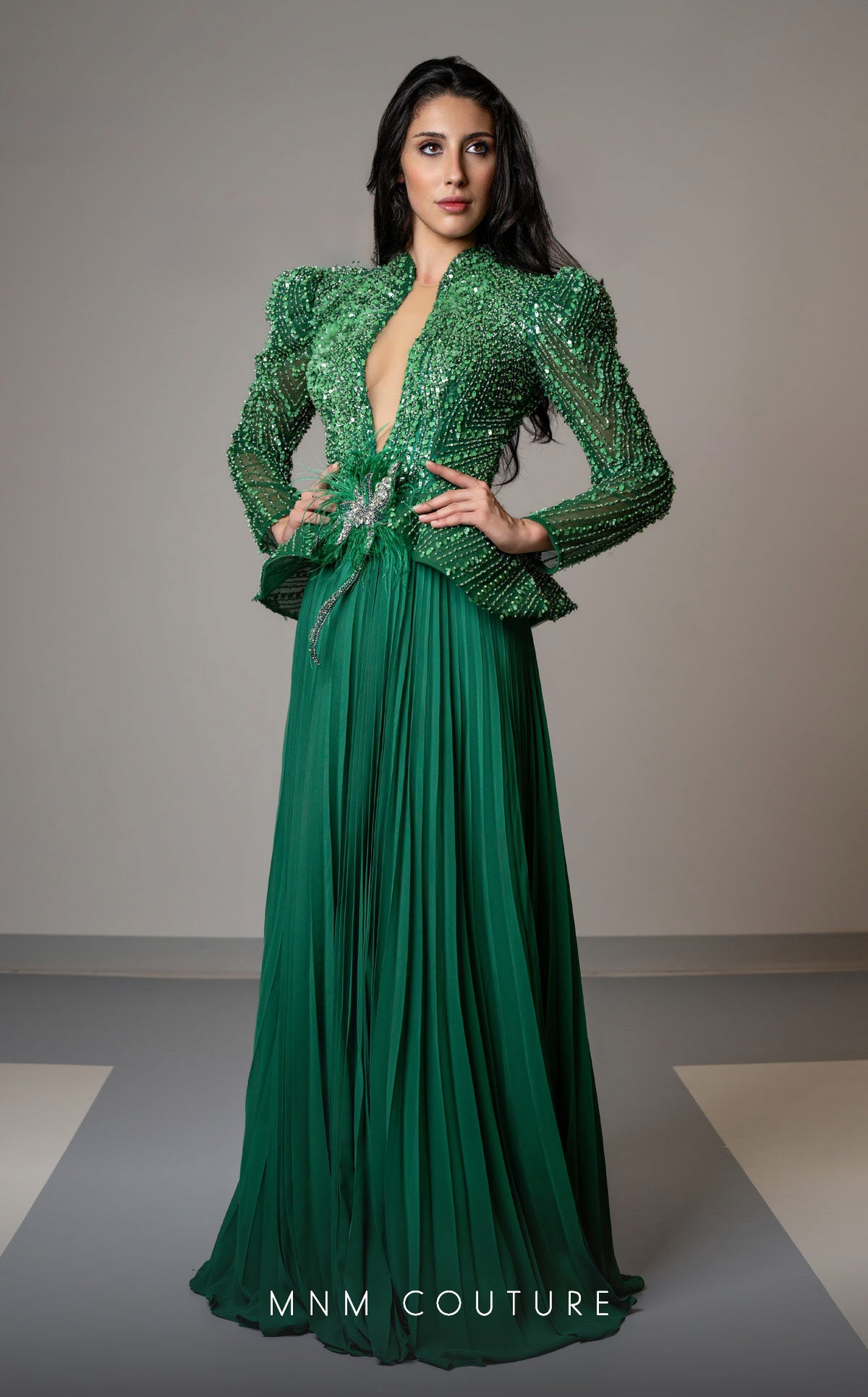 MNM Couture V06941 Pleated Long Sleeve Formal Beaded Peplum Evening Dress