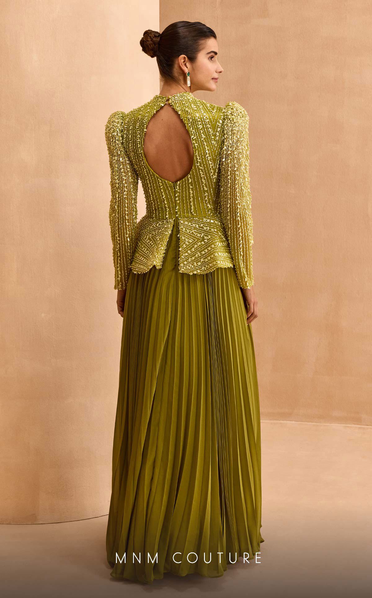 green pleated long sleeve dress MNM Couture V06941 Pleated Long Sleeve Formal Beaded Peplum Evening Dress