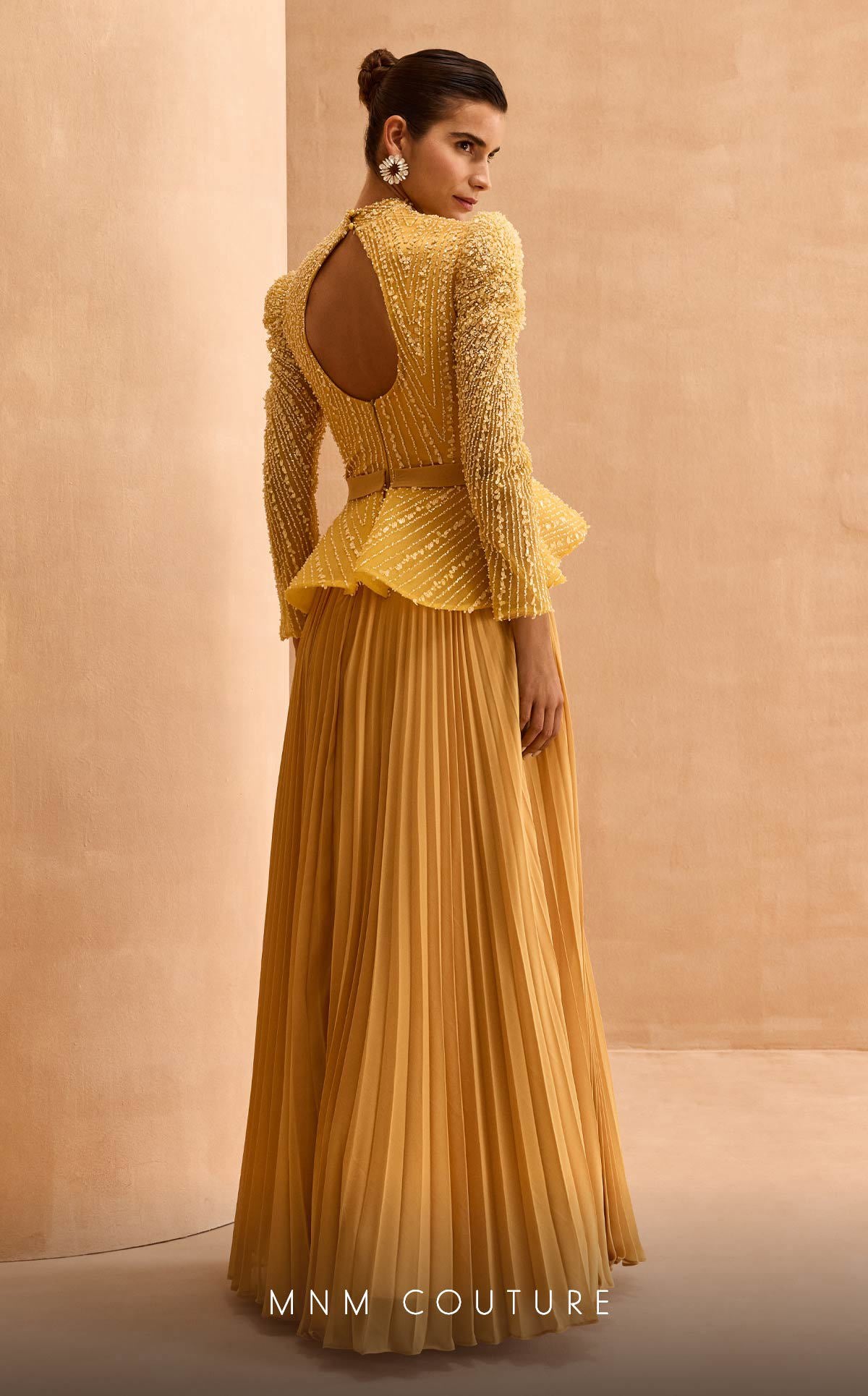 MNM Couture V06941 Pleated Long Sleeve Formal Beaded Peplum Evening Dress