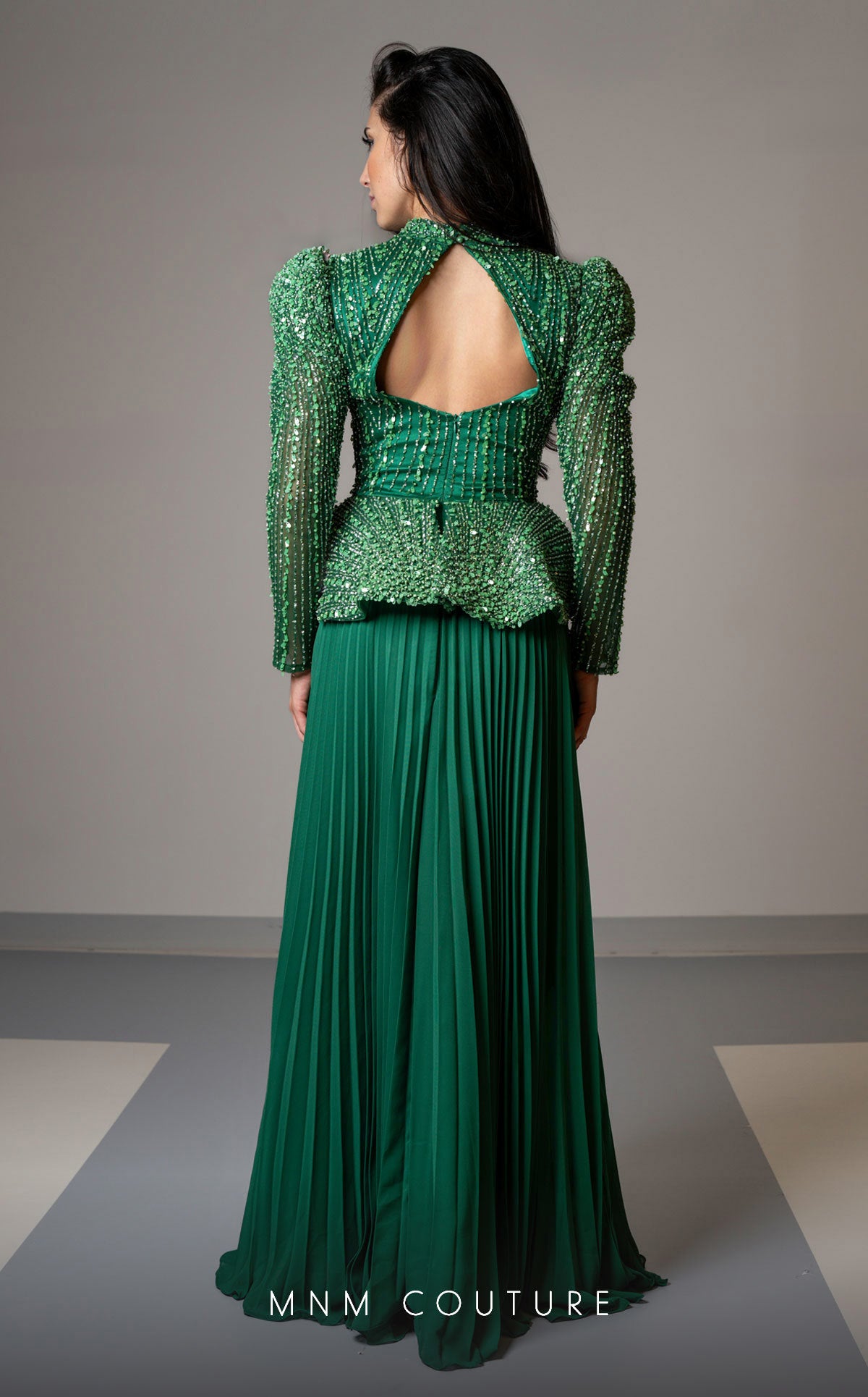 MNM Couture V06941 Pleated Long Sleeve Formal Beaded Peplum Evening Dress