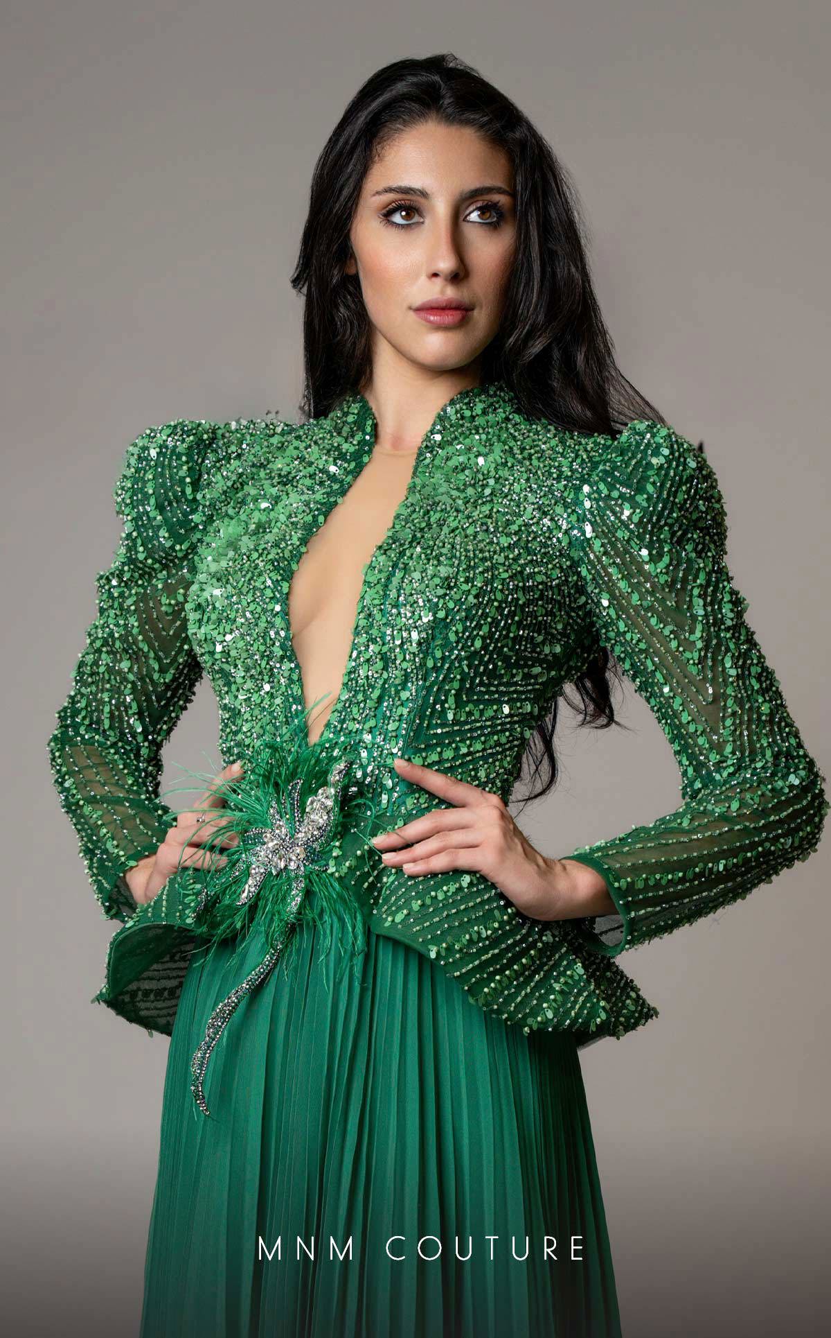 MNM Couture V06941 Pleated Long Sleeve Formal Beaded Peplum Evening Dress