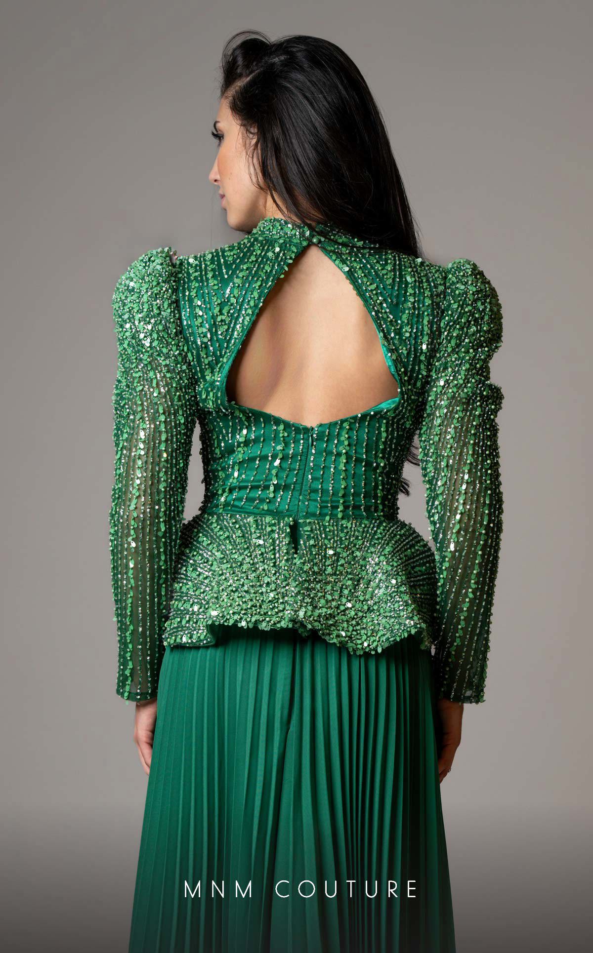MNM Couture V06941 Pleated Long Sleeve Formal Beaded Peplum Evening Dress
