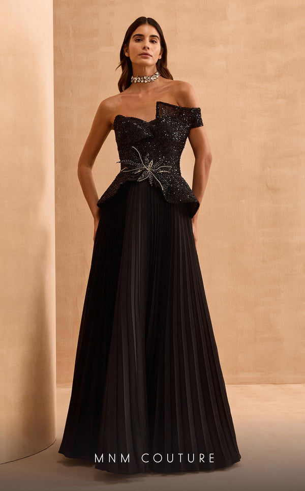 MNM Couture V07282 A Line Long Formal Beaded Peplum Evening Dress