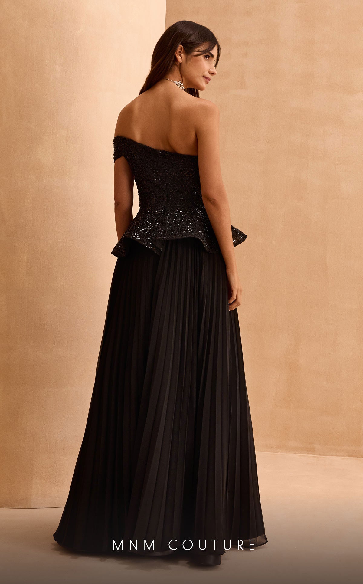 MNM Couture V07282 A Line Long Formal Beaded Peplum Evening Dress