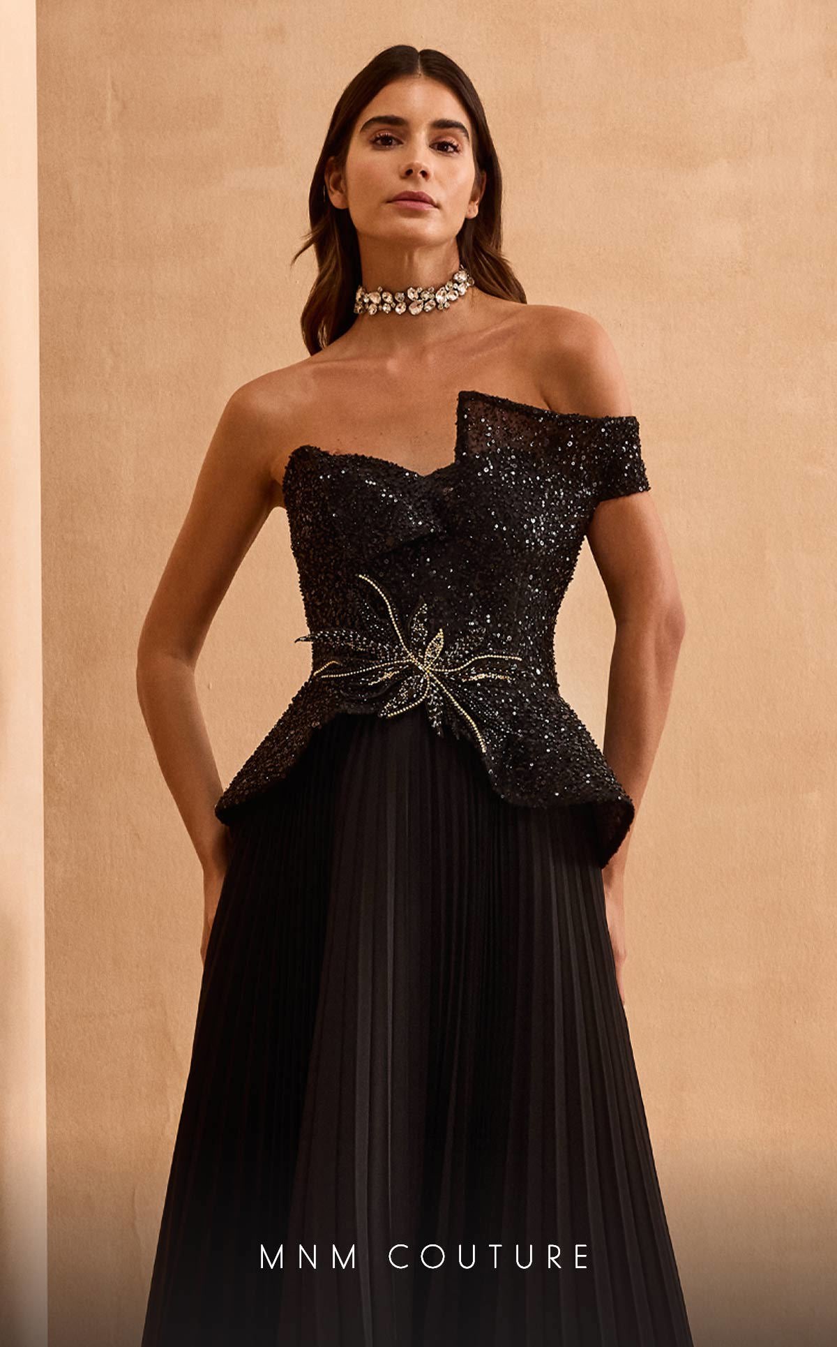 MNM Couture V07282 A Line Long Formal Beaded Peplum Evening Dress