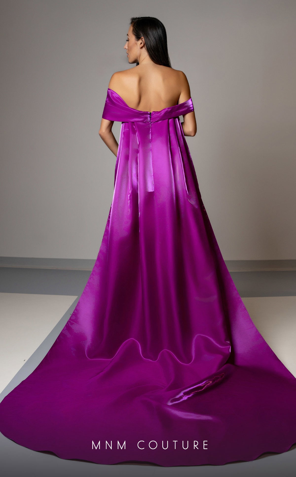 Off-Shoulder Satin Gown with Slit by MNM Couture V07387 in Black/Fuchsia