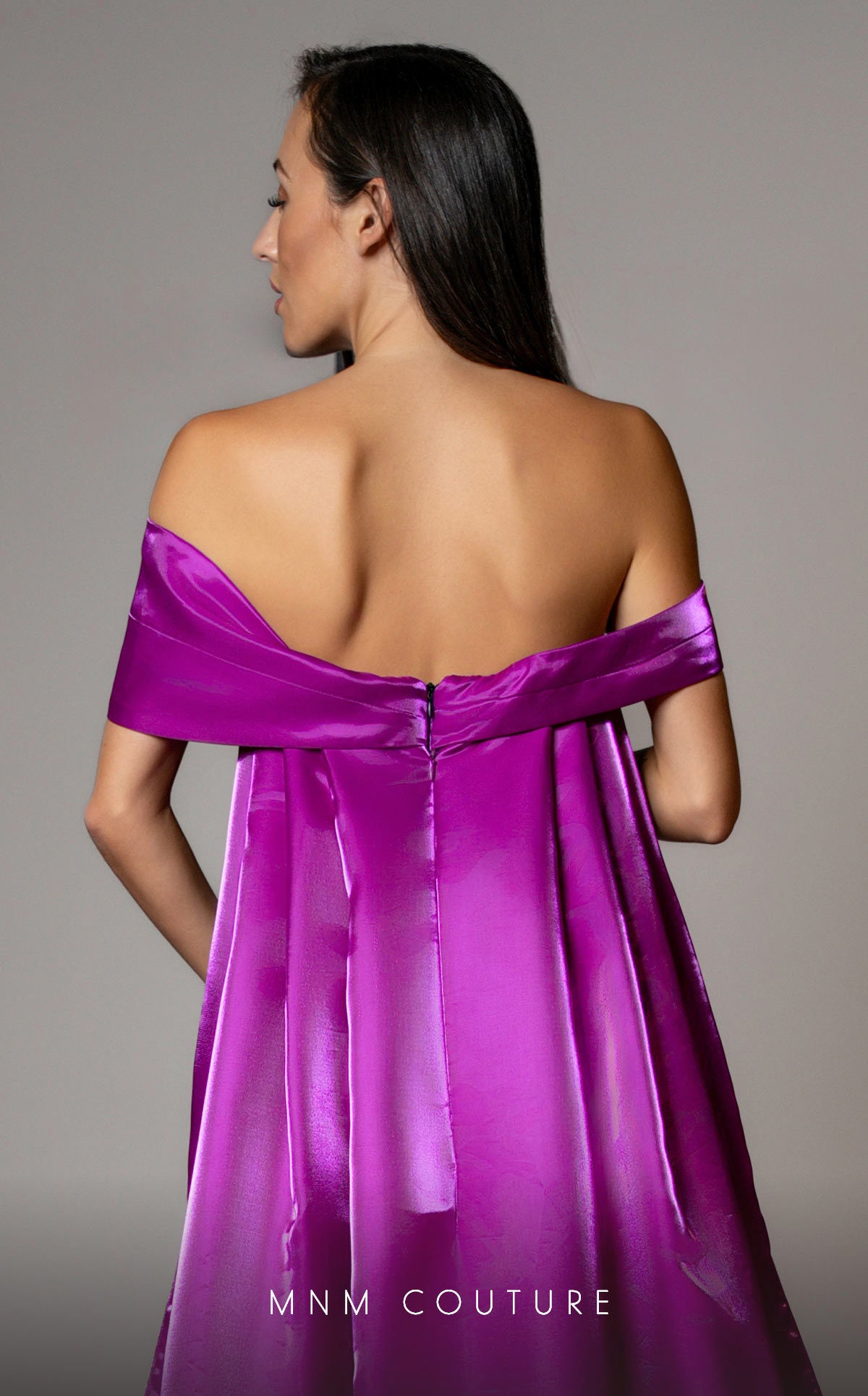 Off-Shoulder Satin Gown with Slit by MNM Couture V07387 in Black/Fuchsia