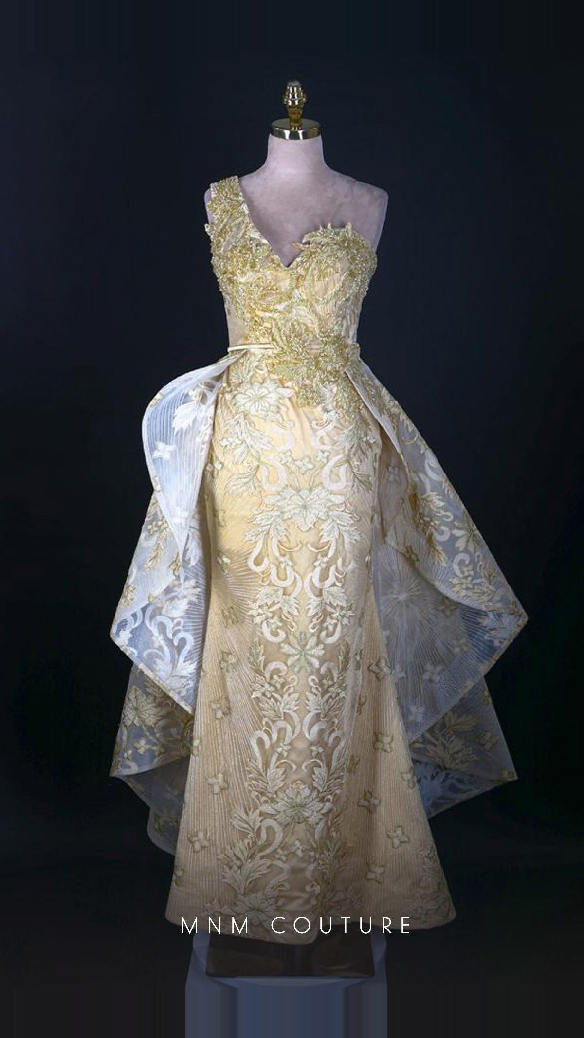 MNM Couture Embroidered One-Shoulder Column Gown with Overskirt V6418