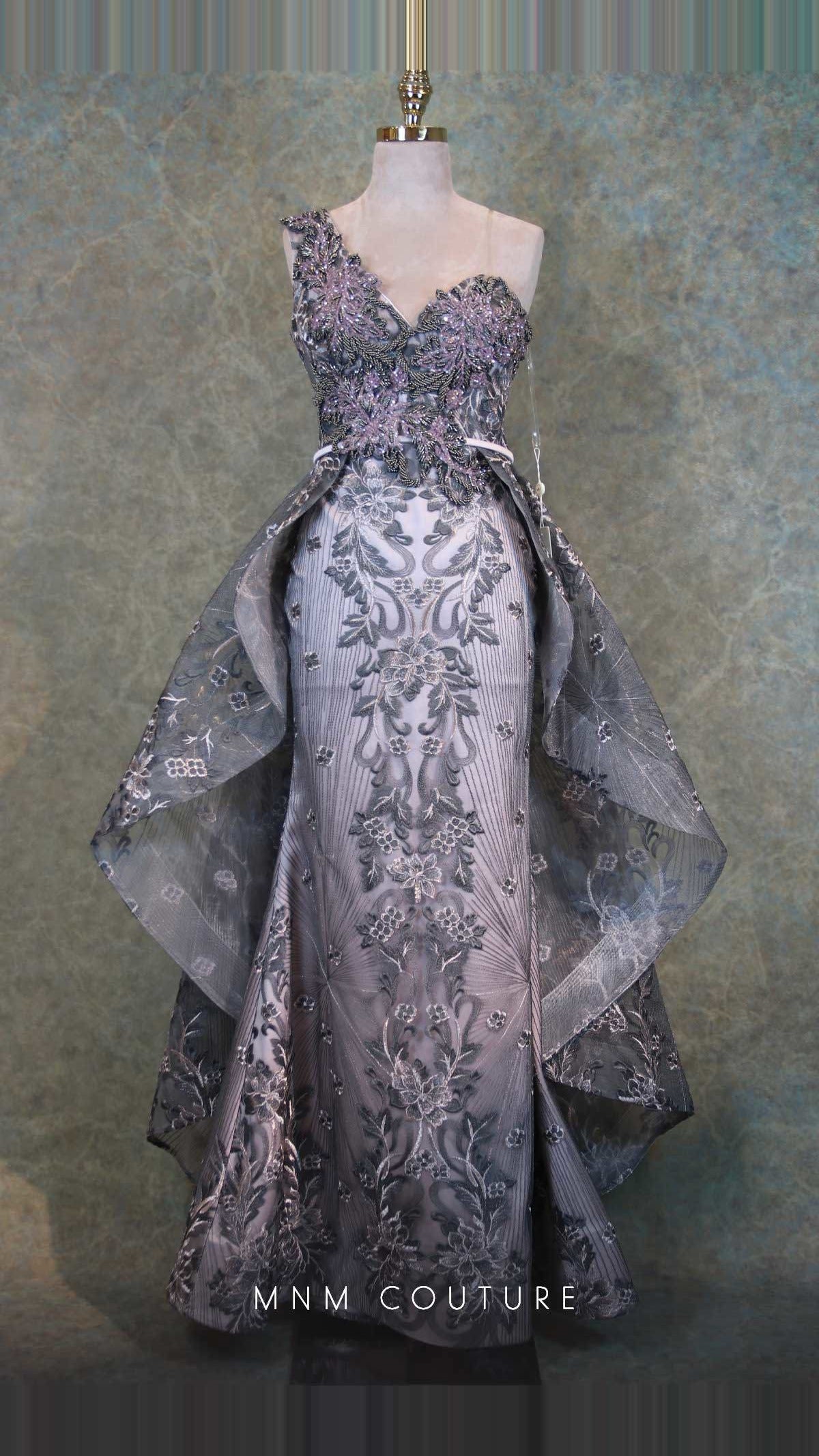 MNM Couture Embroidered One-Shoulder Column Gown with Overskirt V6418